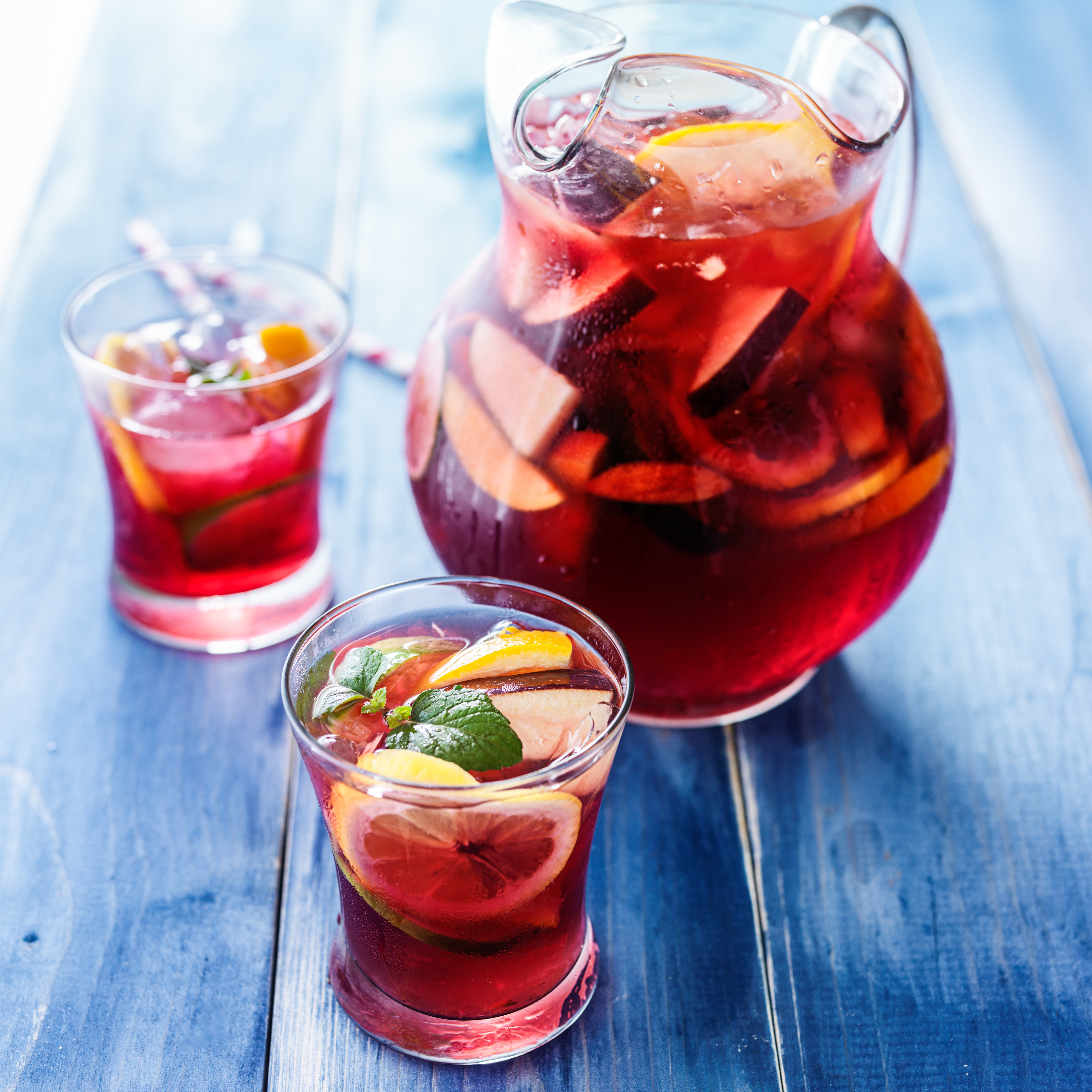 Sangria Pitcher. Wine Drink with Ice and Fruits Stock Photo